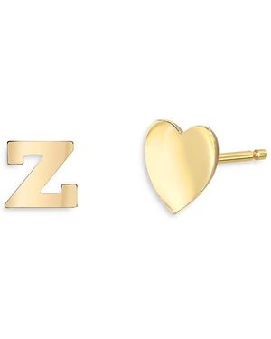 Zoe Lev 14K Heart & Initial Stud Earrings - Metallic