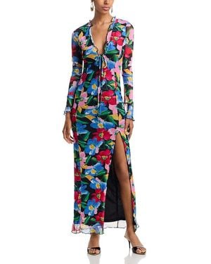 Aqua Floral Mesh V Neck Maxi Dress - Blue