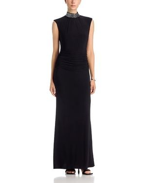 Aqua Beaded Mock Neck Gown - Black