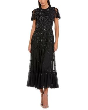 Mac Duggal Embellished High Neck Floral Applique With Beaded Detail A Line Dress - Black