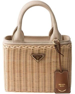 Prada Small Wicker And Canvas Tote Bag - Brown