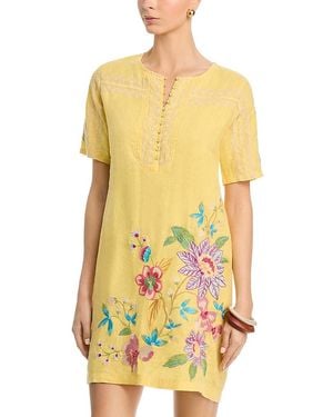 Johnny Was Seamed Button Neck Linen Dress - Yellow