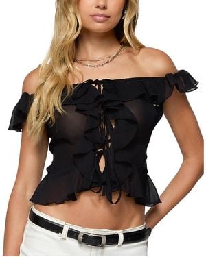 Edikted Sheer Chiffon Ruffled Off Shoulder Top - Black