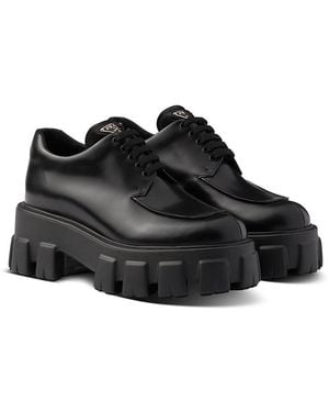 Prada Monolith Brushed Leather Lace-Up Shoes - Black