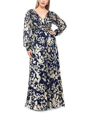 Betsy & Adam Plus Foil Printed Mesh Gown - Blue