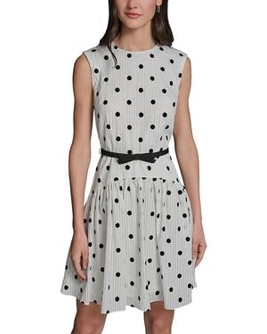 KARL LAGERFELD Polka Dot Seersucker Belted A Line Dress - Gray