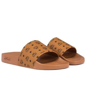 MCM Monogram Print Rubber Slides - Brown