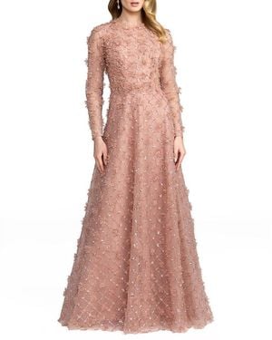 Mac Duggal High Neck Long Sleeve Embellished A-Line Gown - Pink