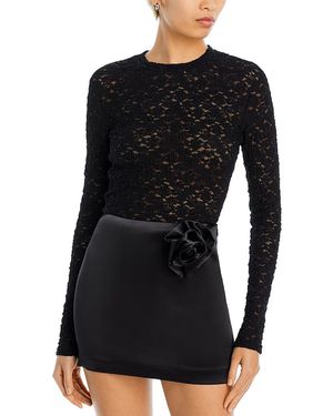 Aqua Puckered Lace Long Sleeve Top - Black