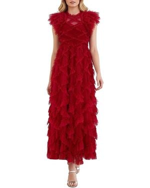 Needle & Thread Genevieve Ruffle Short Sleeve Maxi Gown - Red