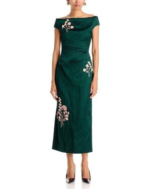Erdem Embroidered Textured Satin Midi Pencil Dress - Green