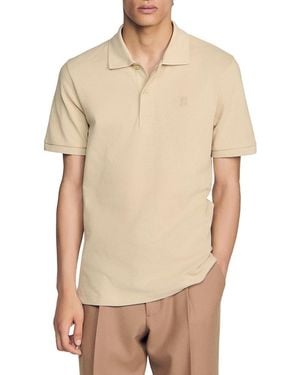 Sandro Mesh Cotton Polo Shirt With Leather Logo Patch - Natural