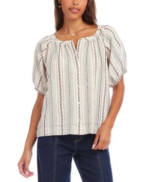 Karen Kane Stripe Puff Sleeve Embroidered Peasant Top - White