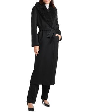 Sofiacashmere Shearling Collar Belted Wrap Coat - Black