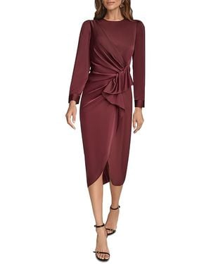 Donna Karan Satin Side-Ruched Cascade Ruffle Midi Dress - Red