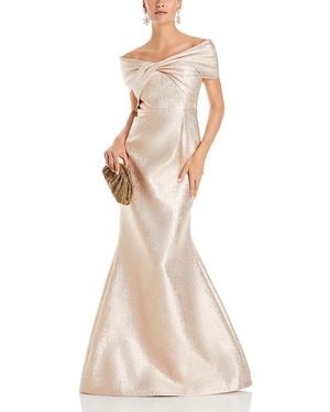 Teri Jon Metallic Jacquard Twist Bodice Off-The-Shoulder Gown - Natural