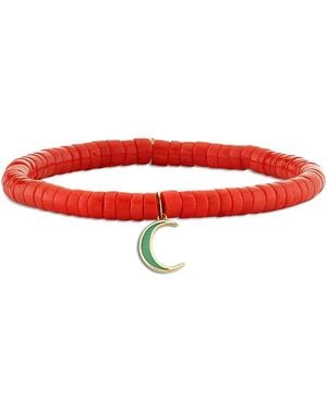 Sydney Evan 14K Coral Heishi Bead & Enamel Moon Charm Stretch Bracelet - Red