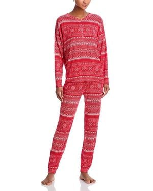 Aqua Sleep Starlette Long Henley Pajama Set - Red