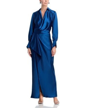 Aqua Satin Long Sleeve Maxi Gown - Blue