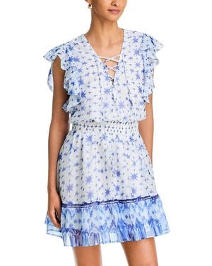 Aqua Batik Flutter Sleeve Mini Dress - Blue