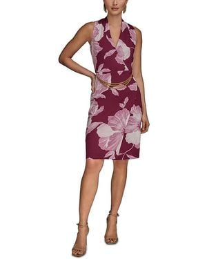 Donna Karan Floral Print Chain Belt Dress - Red
