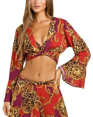 L'Agence Baroque Leopard Scroll Ambala Crop Top Swim Cover-Up - Red