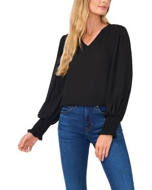 Cece V Neck Smocked Cuff Blouse - Blue