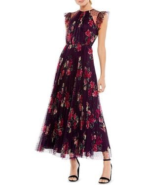 Mac Duggal Floral Flutter Sleeve Midi Dress - Purple