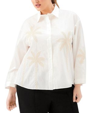 Karen Kane Plus Bell Sleeve Embroidered Palm Tree Shirt - White