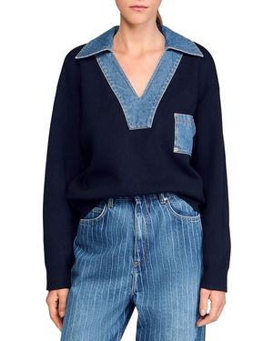 Sandro Sweater With Denim Details - Blue