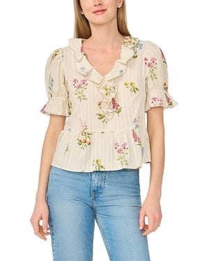 Cece Ruffled Cotton V Neck Top - Blue