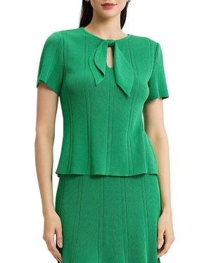Misook Tonal Faux Tie Neck Soft Ribbed Knit Top - Green
