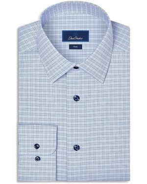 David Donahue Trim Fit Cotton Blend Twill Check Dress Shirt - Blue