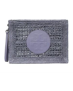 Tory Burch Ella Hand Crochet Straw Pouch - Gray