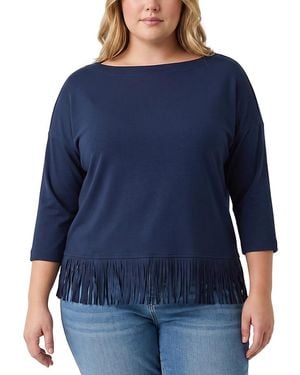 Karen Kane Plus Size Three Quarter Sleeve Fringe Trim Boat Neck Top - Blue