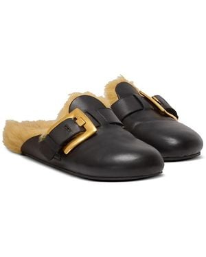 Balmain Flat Leather And Faux Fur Mules - Black