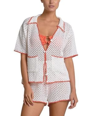 Elan Contrast Button Front Swim Cover Up Shirt - White