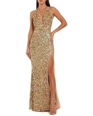 Mac Duggal Sequined Halter Strap Thigh High Slit Gown - Metallic