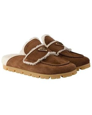Prada Suede And Shearling Mules - Brown