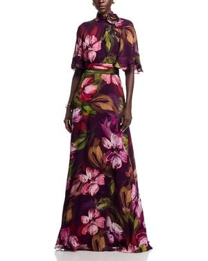 Teri Jon Floral Flutter Sleeve Mock Neck Gown - Red