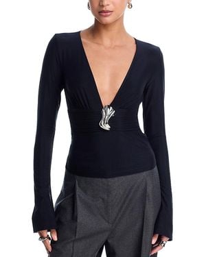 Kate Barton V Neck Brooch Top - Blue