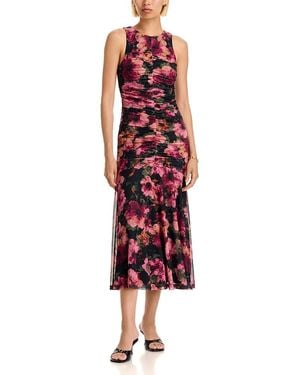 Aqua Floral Bloom Mesh Ruched Sleeveless Dress - Red
