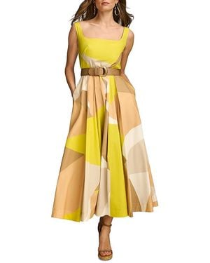 Donna Karan Printed Belted Square Neck Dress - Yellow
