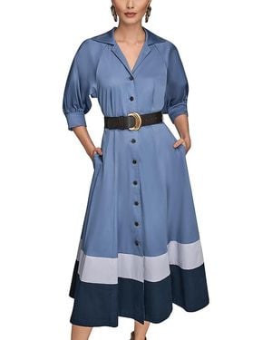Donna Karan Colorblocked Belted Shirtdress - Blue