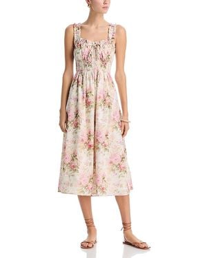 Aqua Floral Eyelet Tie Smocked Midi Dress - Pink