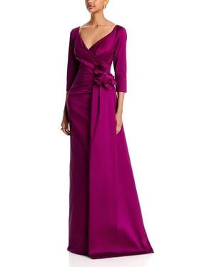 Teri Jon Taffeta Floral Applique Draped Gown - Purple