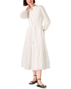 Whistles Broderie Tie-Waist Cotton Midi Dress - White