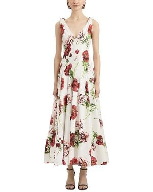 Oscar de la Renta V Neck Peony Print Dress - White