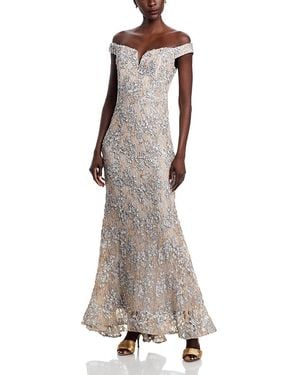Aqua Off-The-Shoulder Embellished Lace Gown - Gray