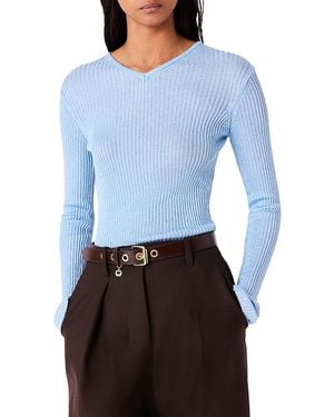 Maje V Neck Long Sleeve Sweater Top - Blue